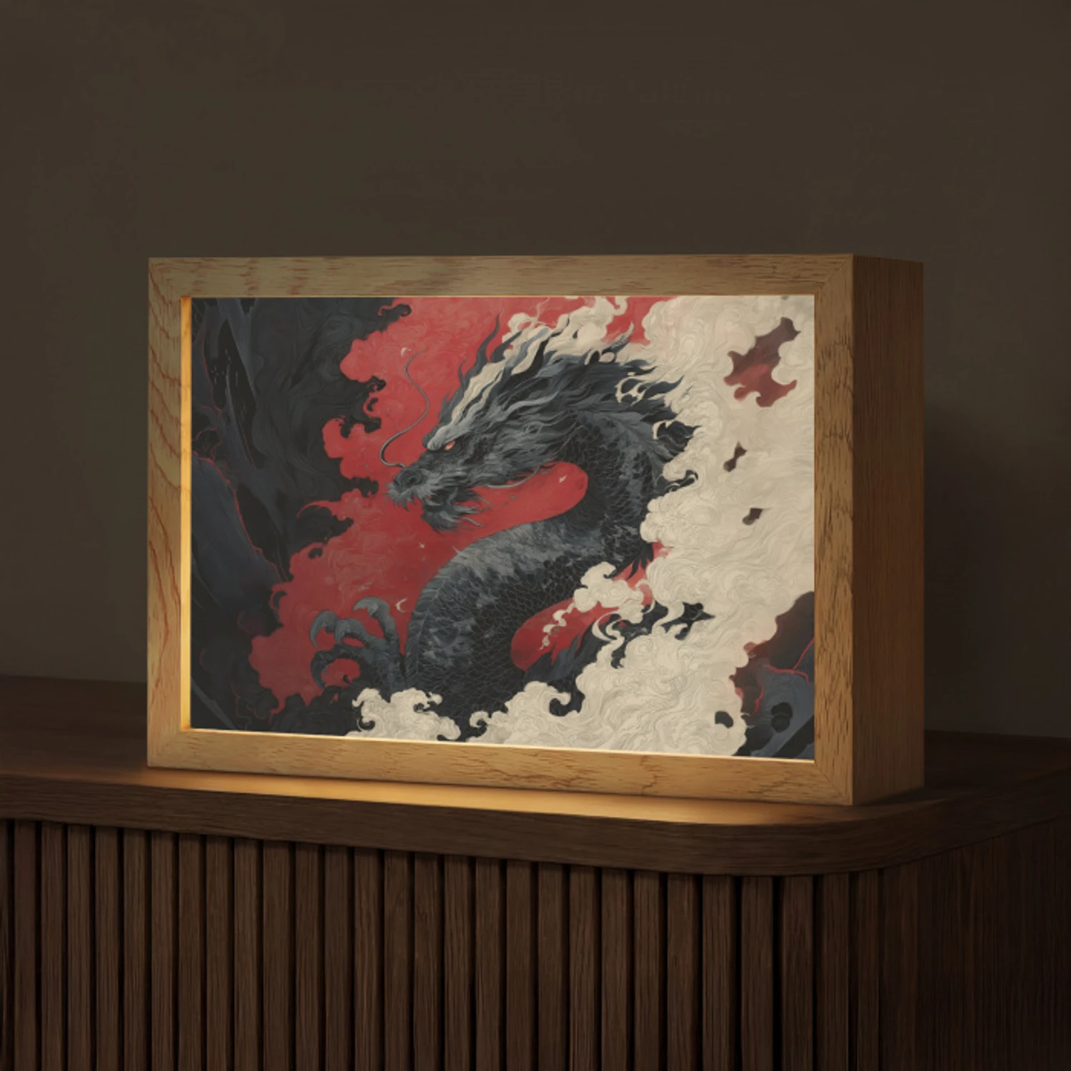 Zwarte draak - Rookwolken - Rood Light Box met kabel (Tafellamp) klein -z3d_website