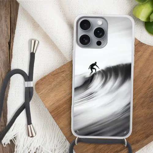 Surfer - Golf - Vervaagd - Zwart Hoesje iPhone 16 Pro Max met koord klein -sfeer4