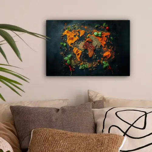Wereldkaart - Kruiden - Levendige kleuren canvas 2cm klein -sfeer1