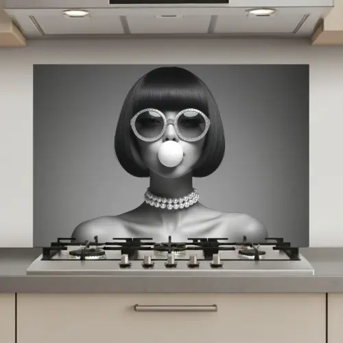 Vrouw - Zwart Wit - Ketting - Zonnebril keuken achterwand spatscherm klein -3d_website