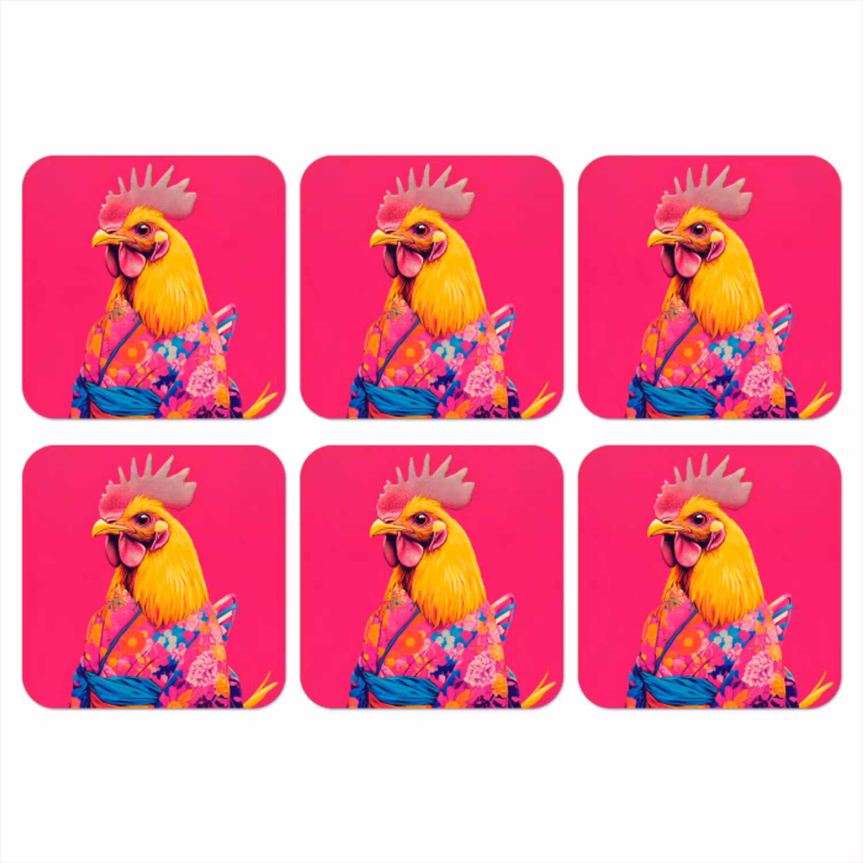 Haan - Kleurrijk - Kimono - Roze onderzetter kurk middel -3d