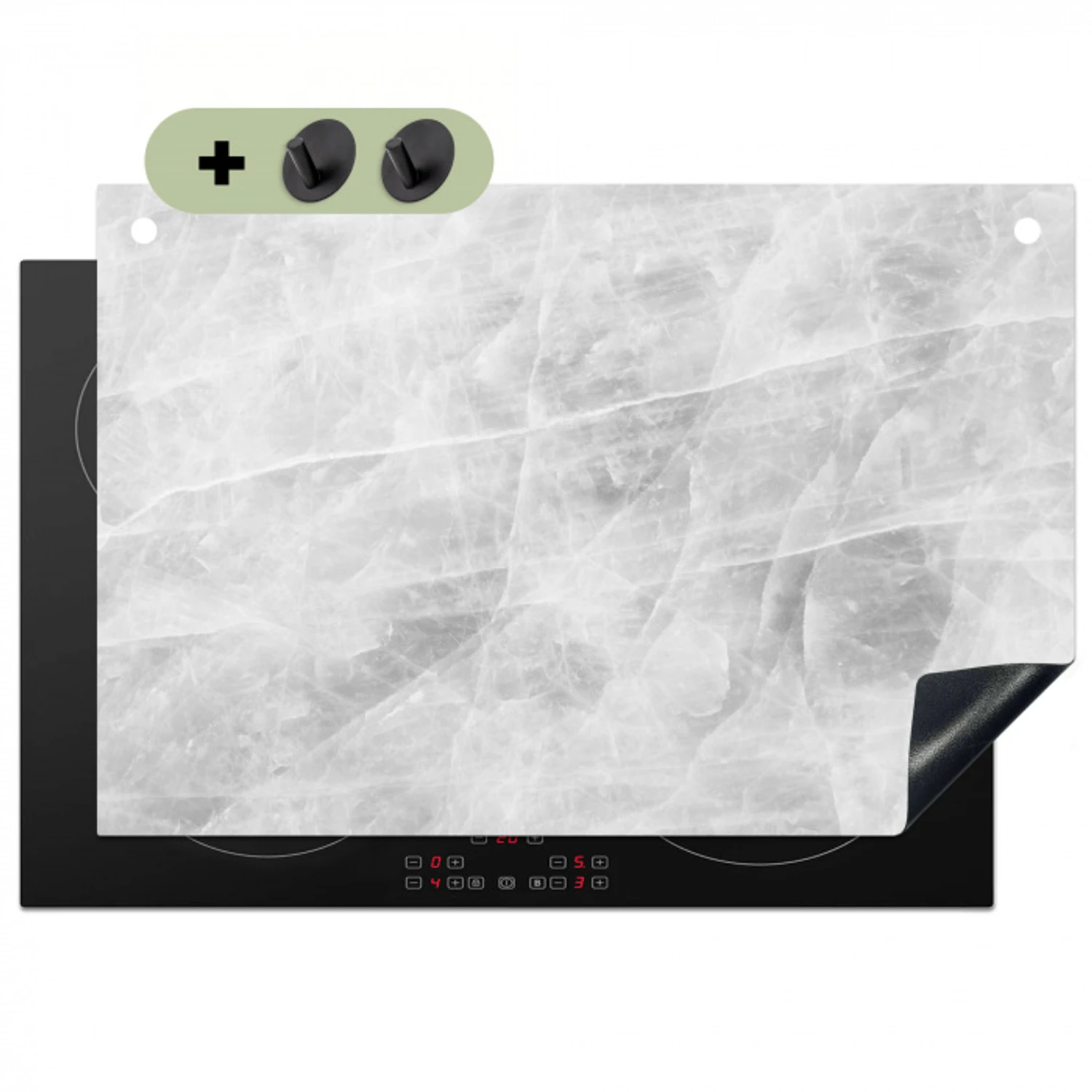 Marmer - Steen - Wit - Luxe - Marmerlook Inductie beschemer met haakjes klein -3d