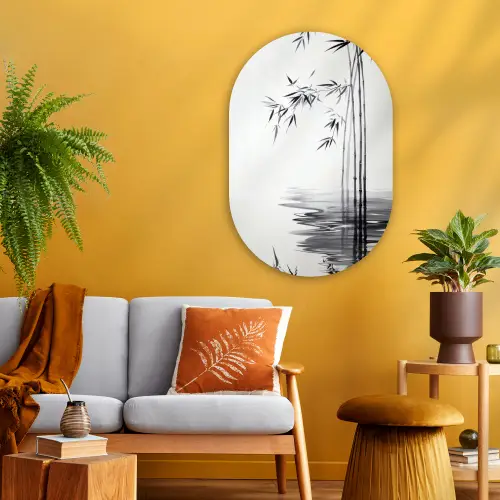 Bamboestammen - Water - Minimalistisch - Wit Wandcirkel Ovaal Glas middel -sfeer4
