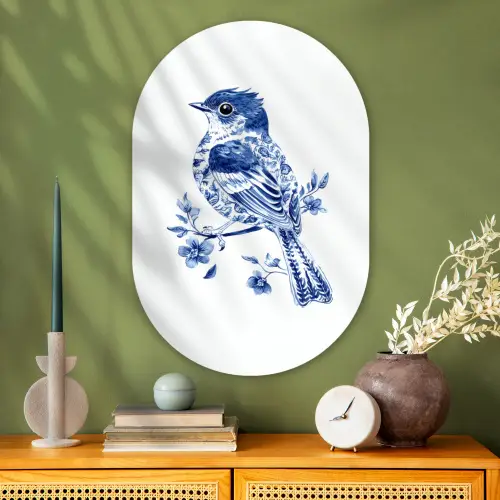 Vogel - Delfts blauw - Illustratie - Bloemen Wandcirkel Ovaal Glas middel -sfeer2
