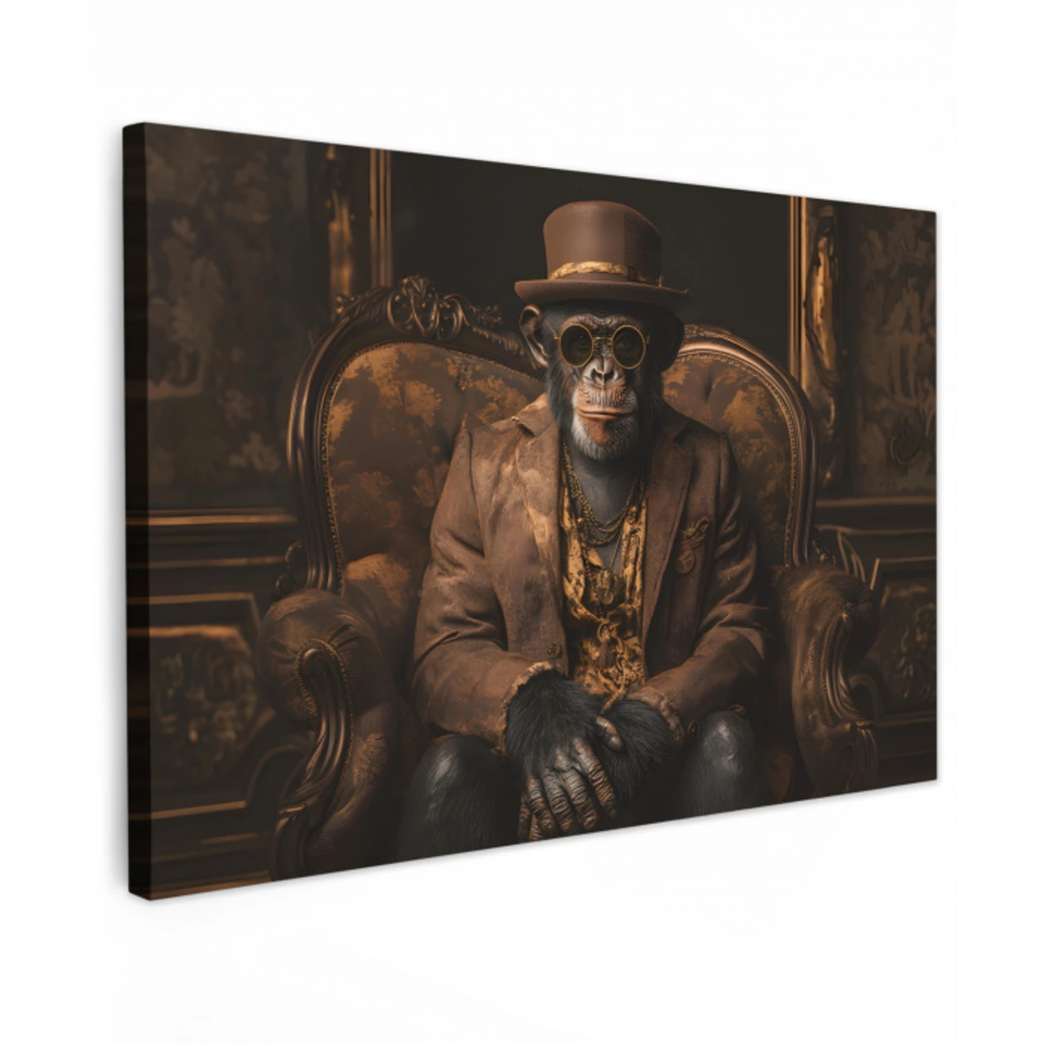 Chimpansee - Stoel - Pak - Bruin Tuinposter op houten frame 2 cm dik klein -3d