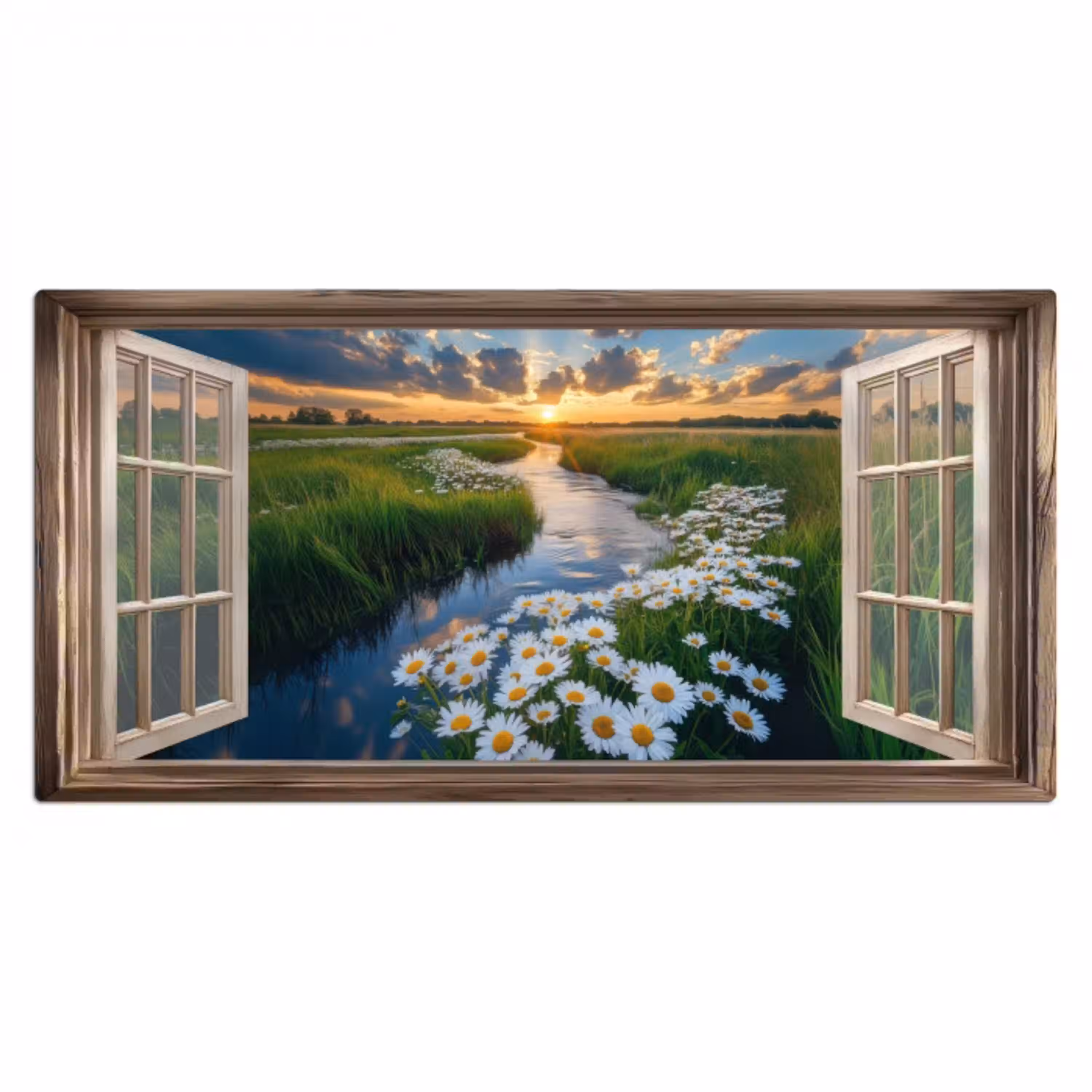 Doorkijk - Landschap - Raam - Water - Zonsondergang Muismat XXL klein -3d_leeg