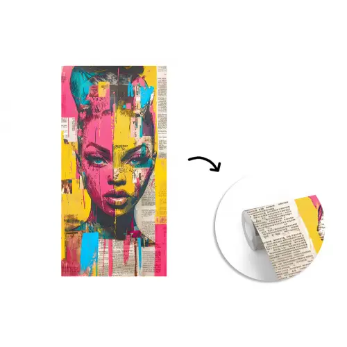 Vrouwengezicht - Krantenpapier - Abstract - Roze fotobehang vinyl groot -3d