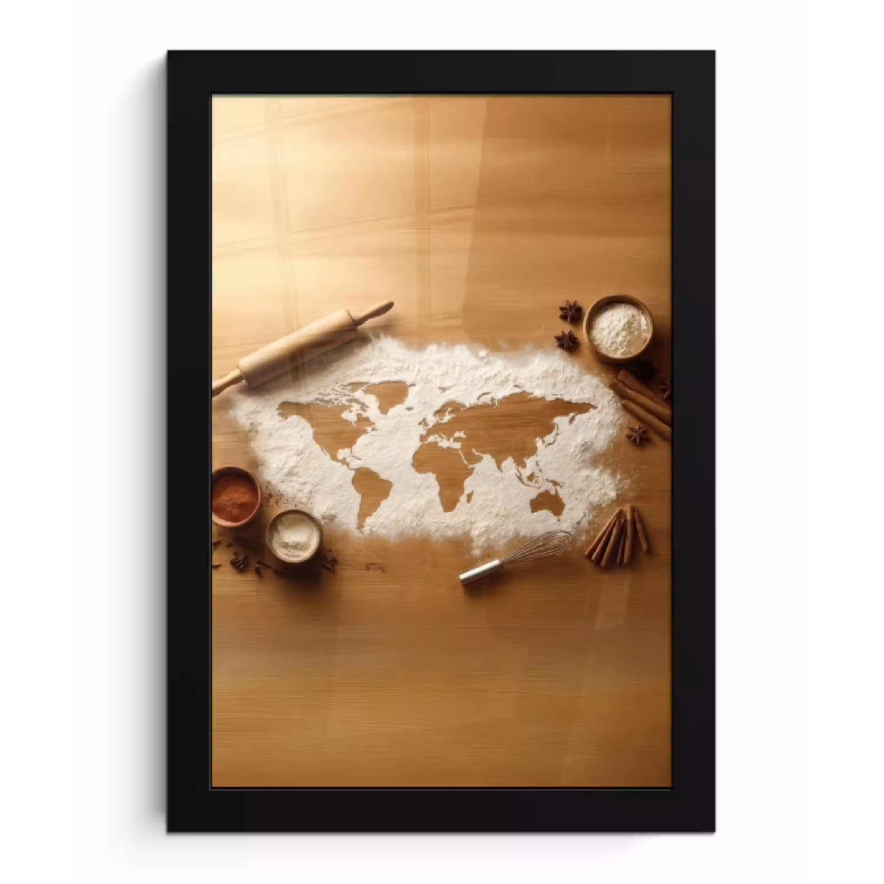 Hout - Wereldkaart - Bakken - Keuken fotolijst zwart zonder passe partout klein -3d