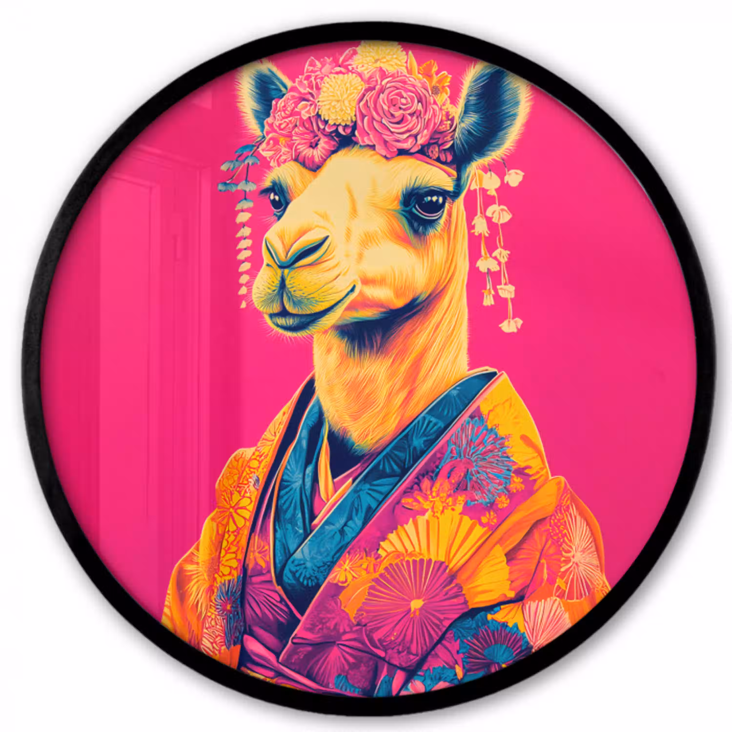 Kameel - Bloemen - Kimono - Waaiers Fotolijst rond zonder passe partout klein -3d