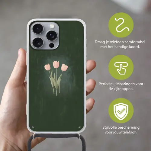 Tulpen - Liefde - Donkergroen Hoesje iPhone 16 Pro Max met koord klein -sfeer2_NL