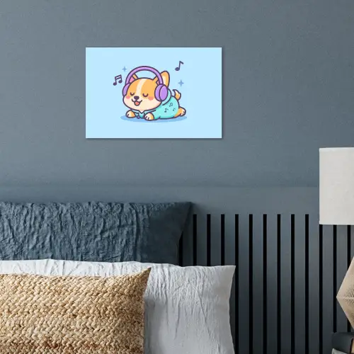 Corgi - Koptelefoon - Blauw - Muzieknoten poster papier klein -sfeer2