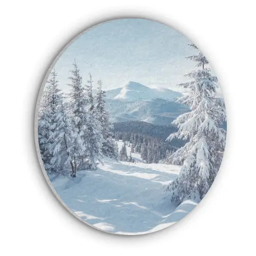 Winterlandschap - Natuur - Berg - Bomen - Sneeuw Akoestische PET Vilt - Rond klein -3d