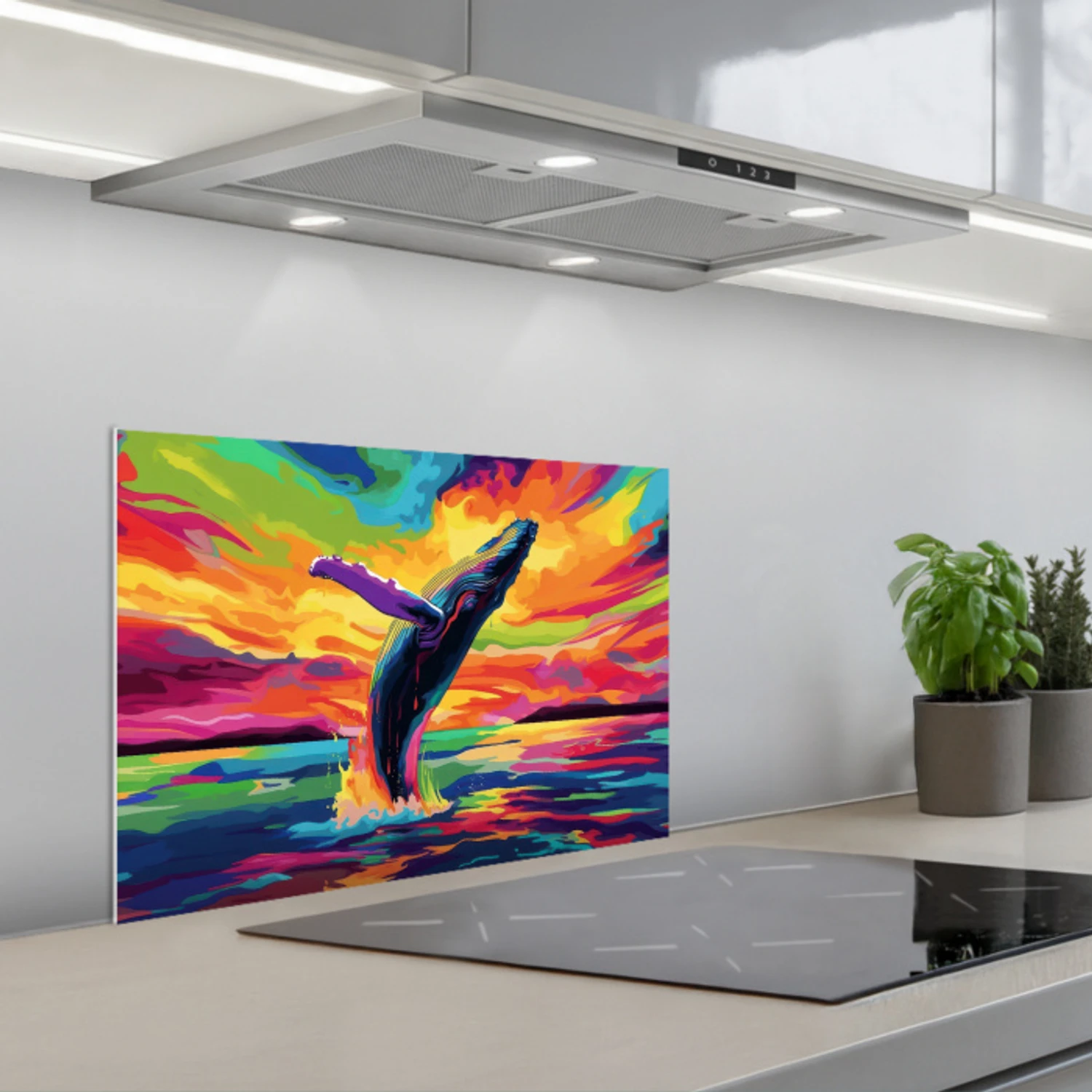 Zonsondergang - Walvis - Geschilderd - Kleurrijk keuken achterwand spatscherm klein -3d_schuin