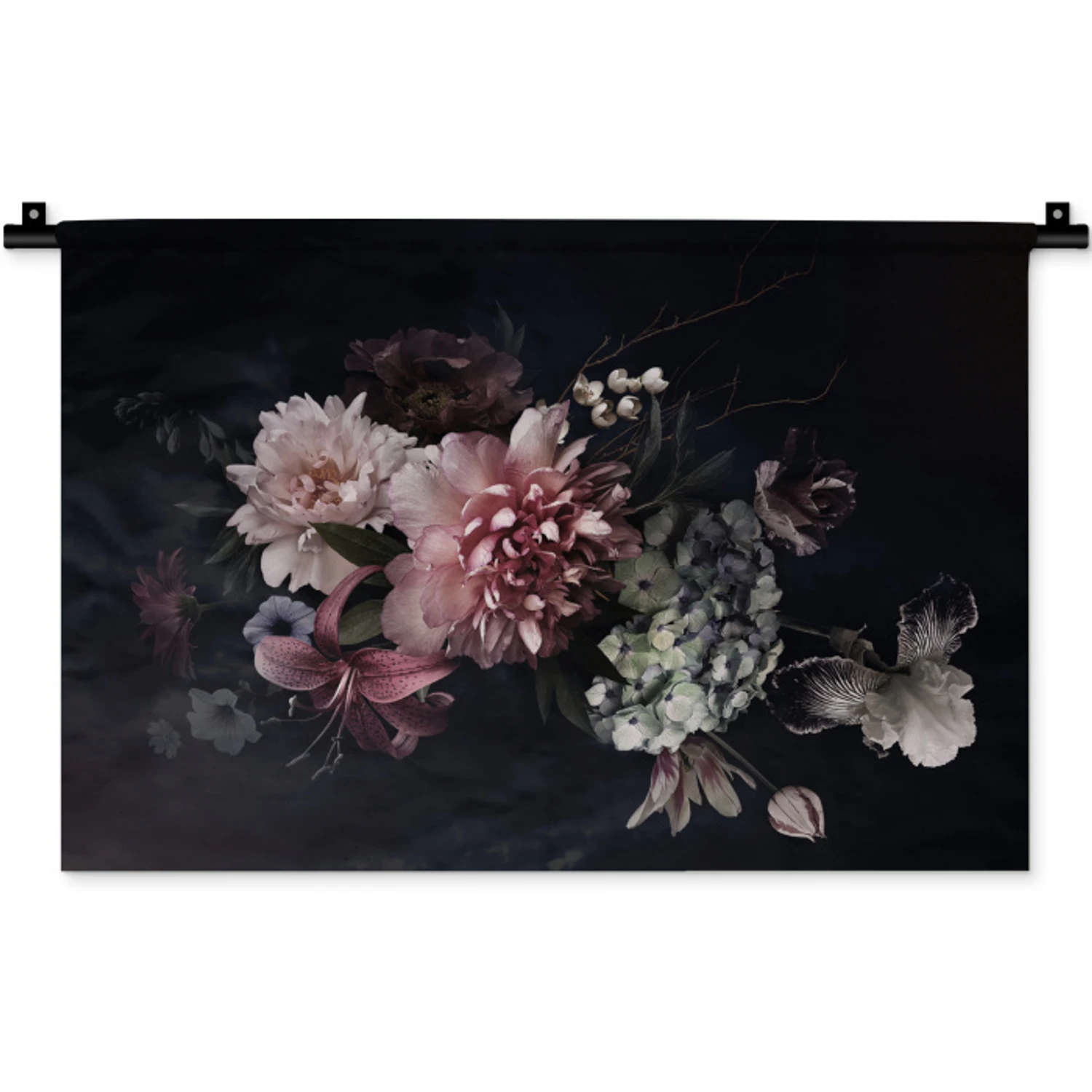 Bloemen - Vintage - Pastel - Zwart - Boeket Wandkleed katoen klein -zz3d