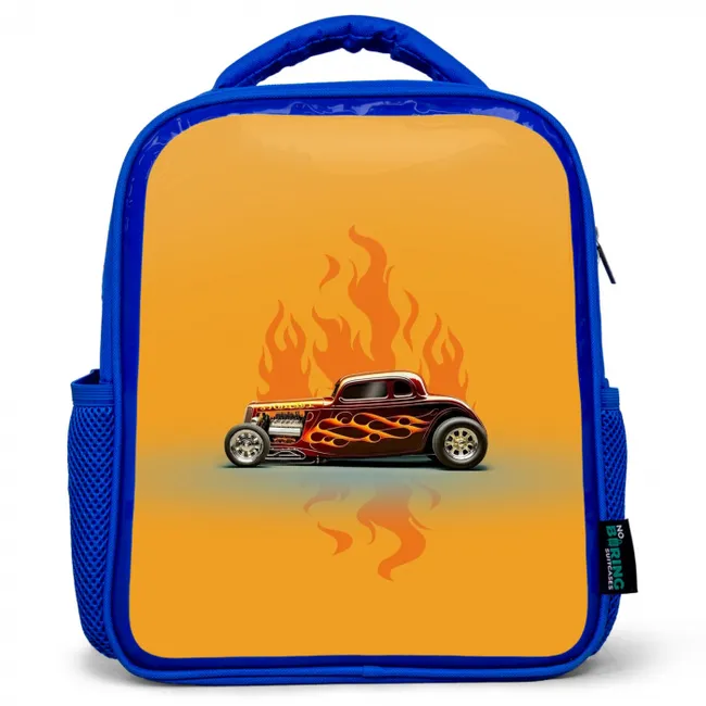 Bruine auto met gele vlammen Kinderrugzak - Blauw middel -3d