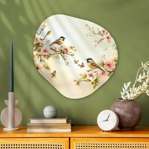 Takken - Bloemen - Vogeltjes - Roze Wandcirkel Organisch Aluminium middel -sfeer2