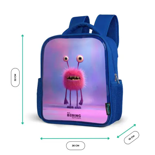 Roze harig monster met grote ogen Kinderrugzak - Blauw middel -productfoto_formaten