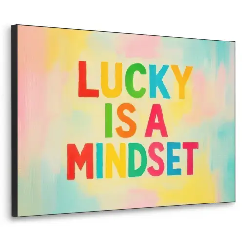 Quote - Lucky - Regenboogkleuren Textielframe zwart klein -3d
