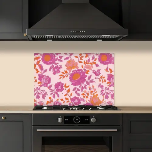 Bloemenpatroon - Roze - Oranje - Bloemen keuken achterwand spatscherm klein -sfeer1