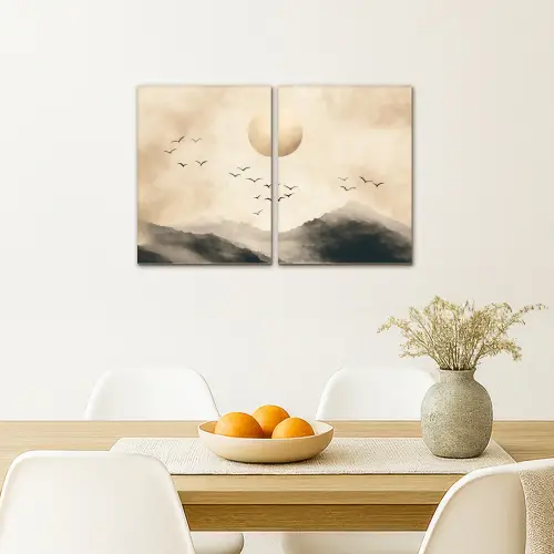Landschap - Japandi - Beige - Vogels Canvas - Meerluiken 2 luik klein -sfeer4