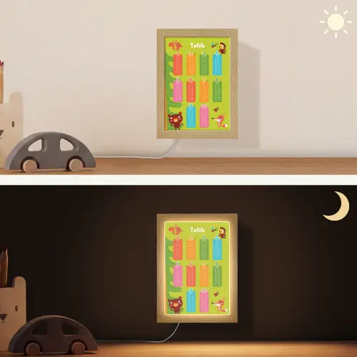 Tafels van vermenigvuldiging - Leren rekenen voor kinderen - Cijfers oefenen - Bosdieren - Groen Light Box met kabel (Wandlamp kind) klein -sfeer3_kind