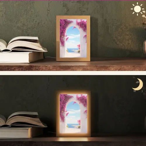 Zee - Roze - Bloemen - Poort Light Box met kabel (Tafellamp) klein -sfeer3