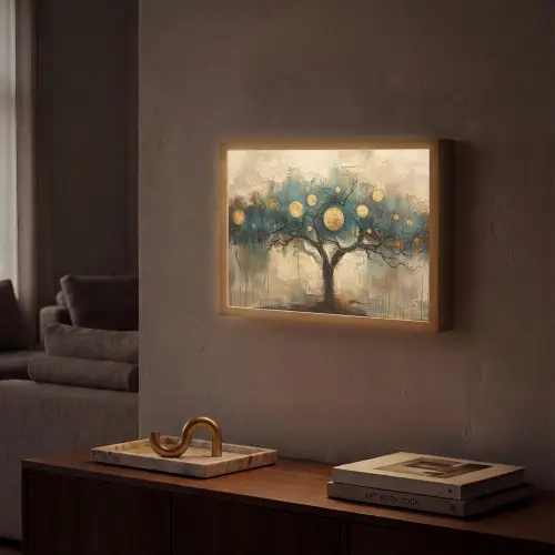 Boom - Abstract - Bruin - Goud - Industrieel Light Box met batterij (Wandlamp) middel -sfeer1