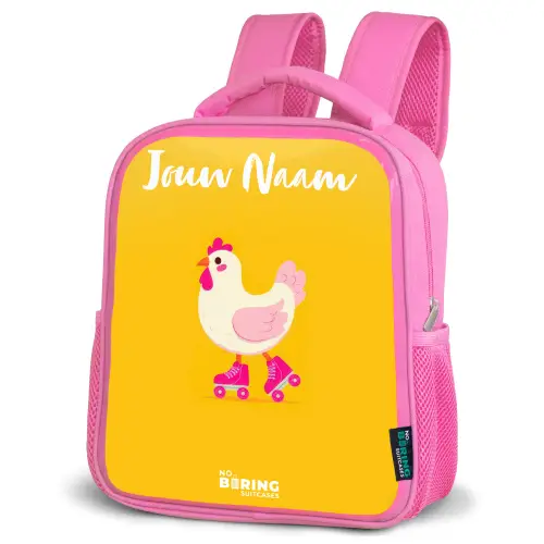 Kip - Rolschaatsen - Geel Kinderrugzak - Roze middel -schuin