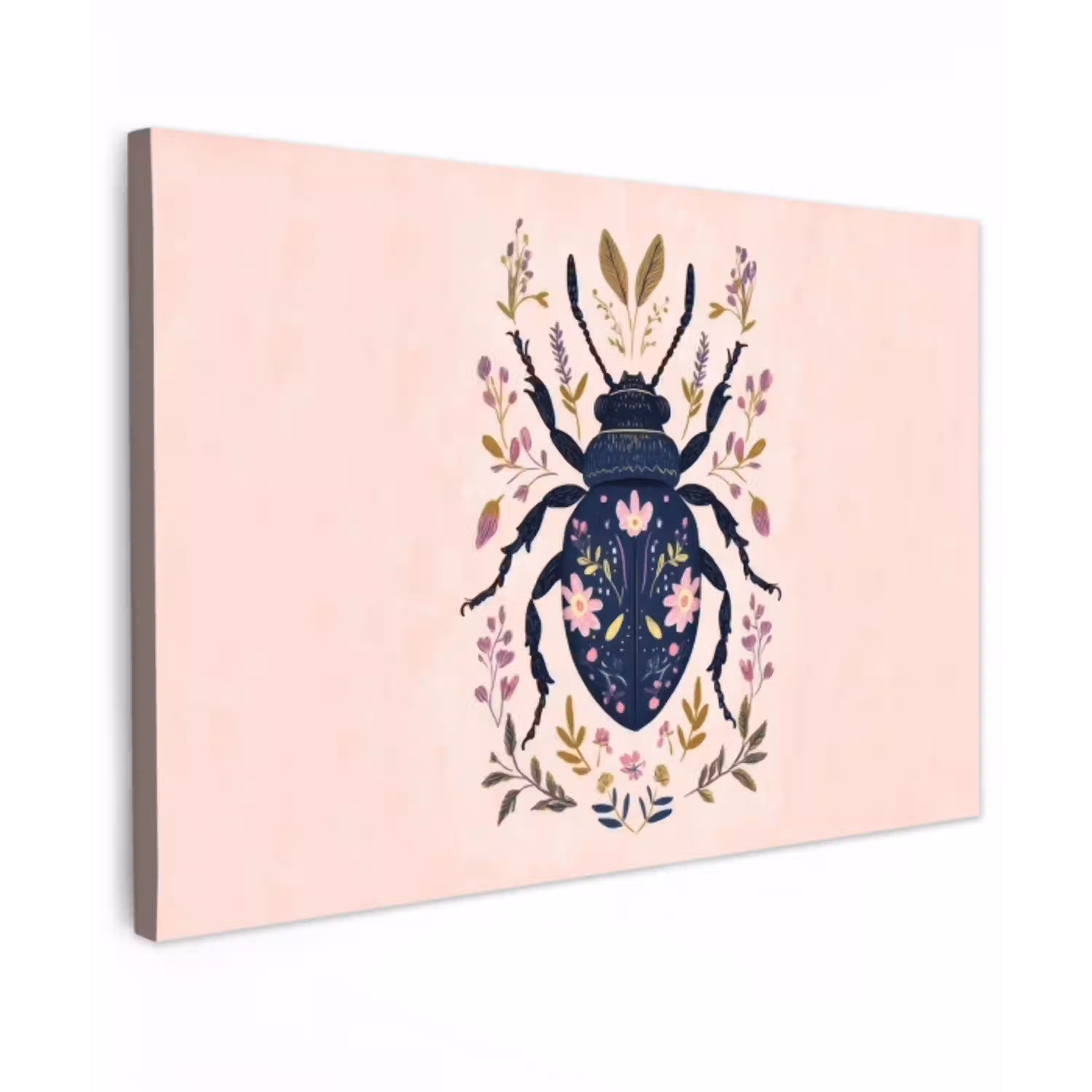 Donkerblauw - Kever - Bloemtakken - Sierlijk canvas 2cm klein -z3d