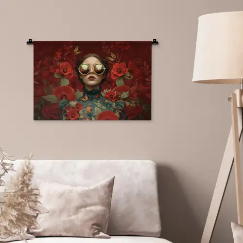 Bloemen - Dieprood - Zonnebril - Vrouw Wandkleed katoen klein -sfeer4