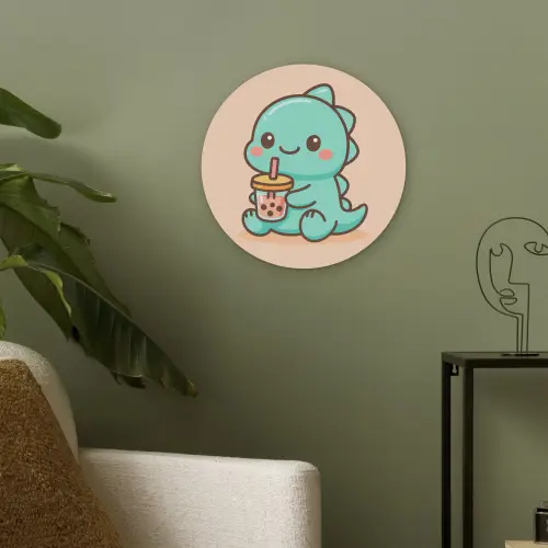 Dino - Boba - kawaii - Oranje Akoestische PET Vilt - Rond klein -sfeer2