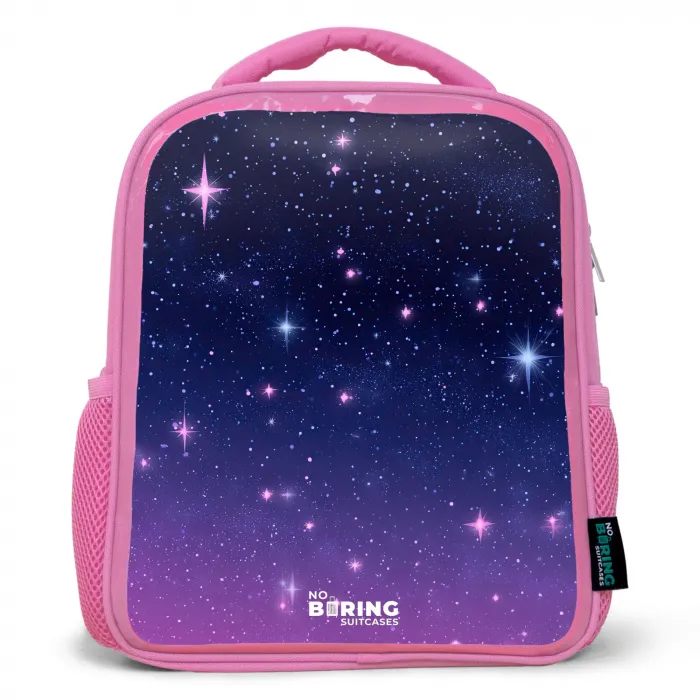 Sterren - Galaxy - Blauw - Roze Kinderrugzak - Roze middel -3d