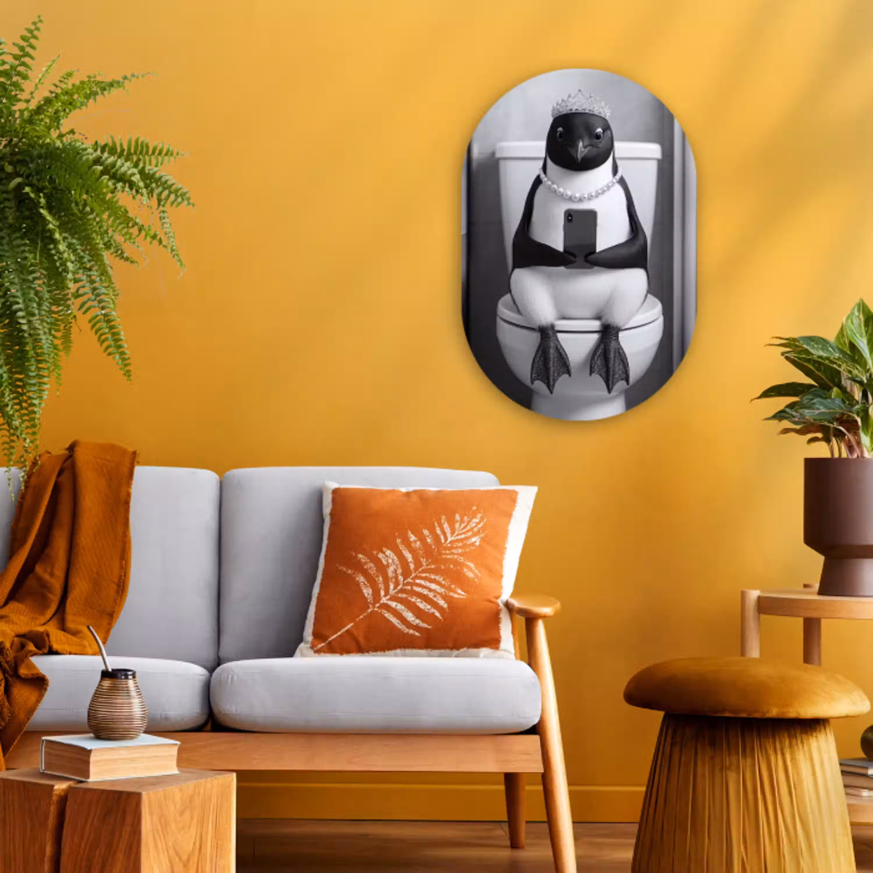 Pinguïn - Telefoon - Toilet - Zwart - Wit Wandcirkel Ovaal Forex klein -sfeer4
