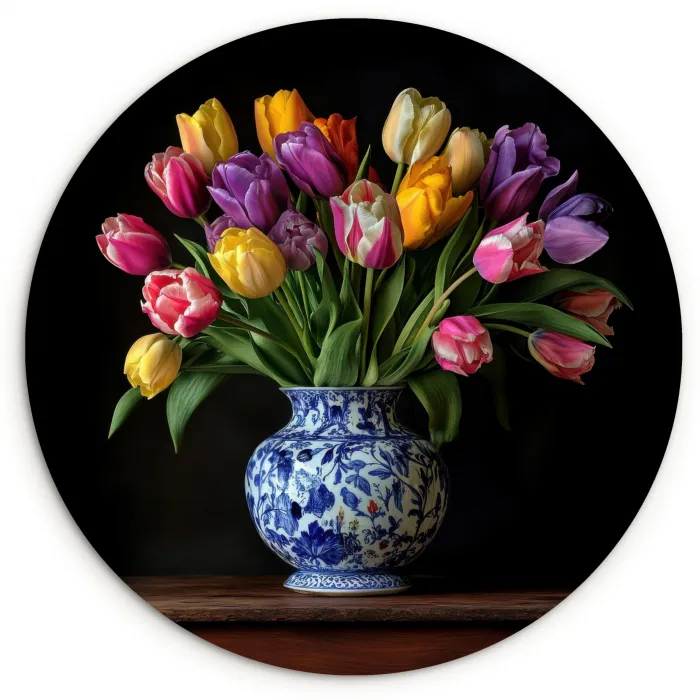 Tulpen - Kleuren - Hout - Vaas Wandcirkel plexiglas klein -3d