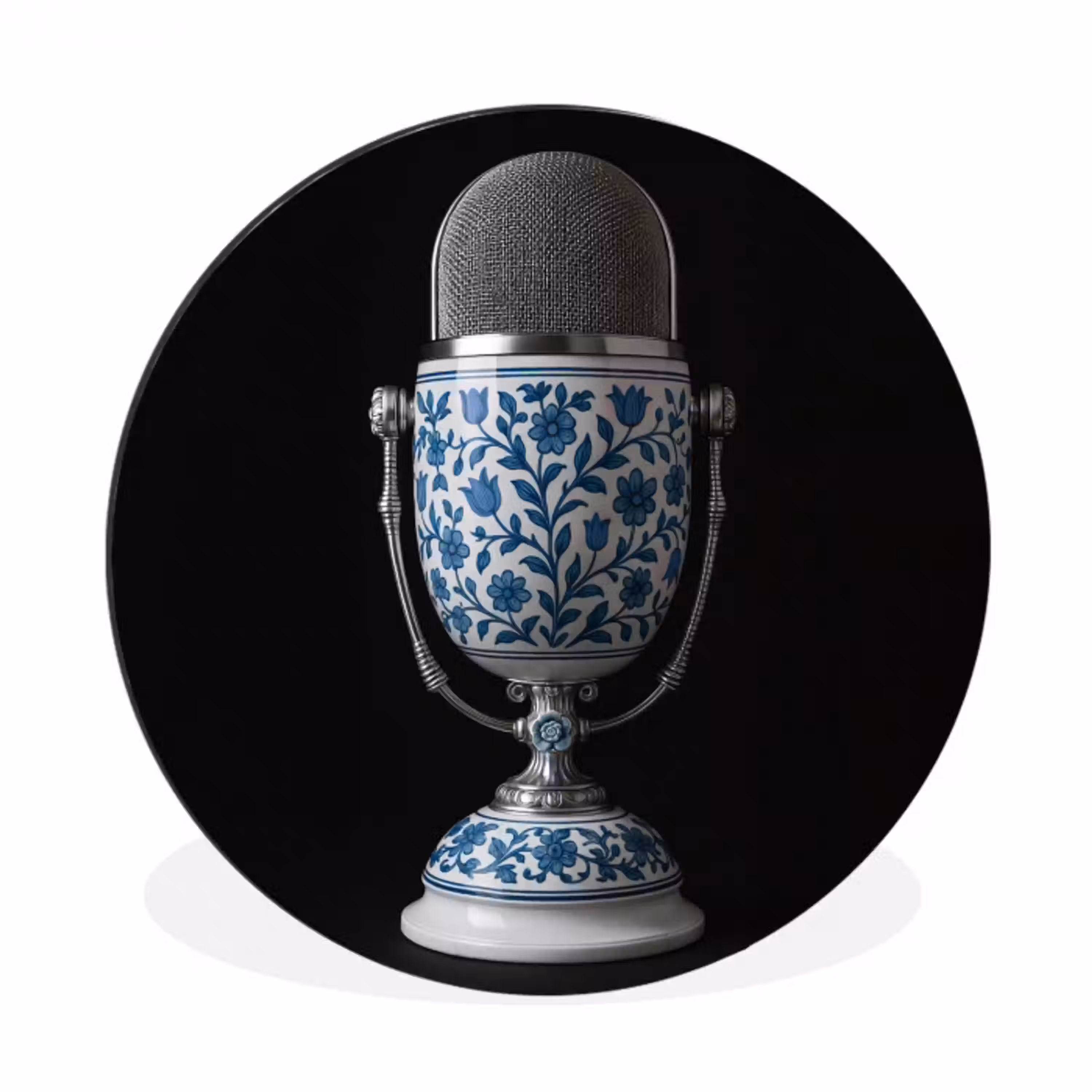 Microfoon - Delfts blauw - Muziek Wandcirkel aluminium klein -3d
