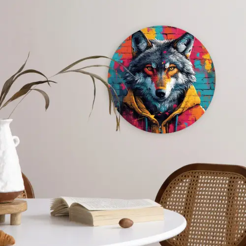 Graffiti - Wolf - Street art - Blauw Wandcirkel kunststof plaat 5mm dik klein -sfeer4