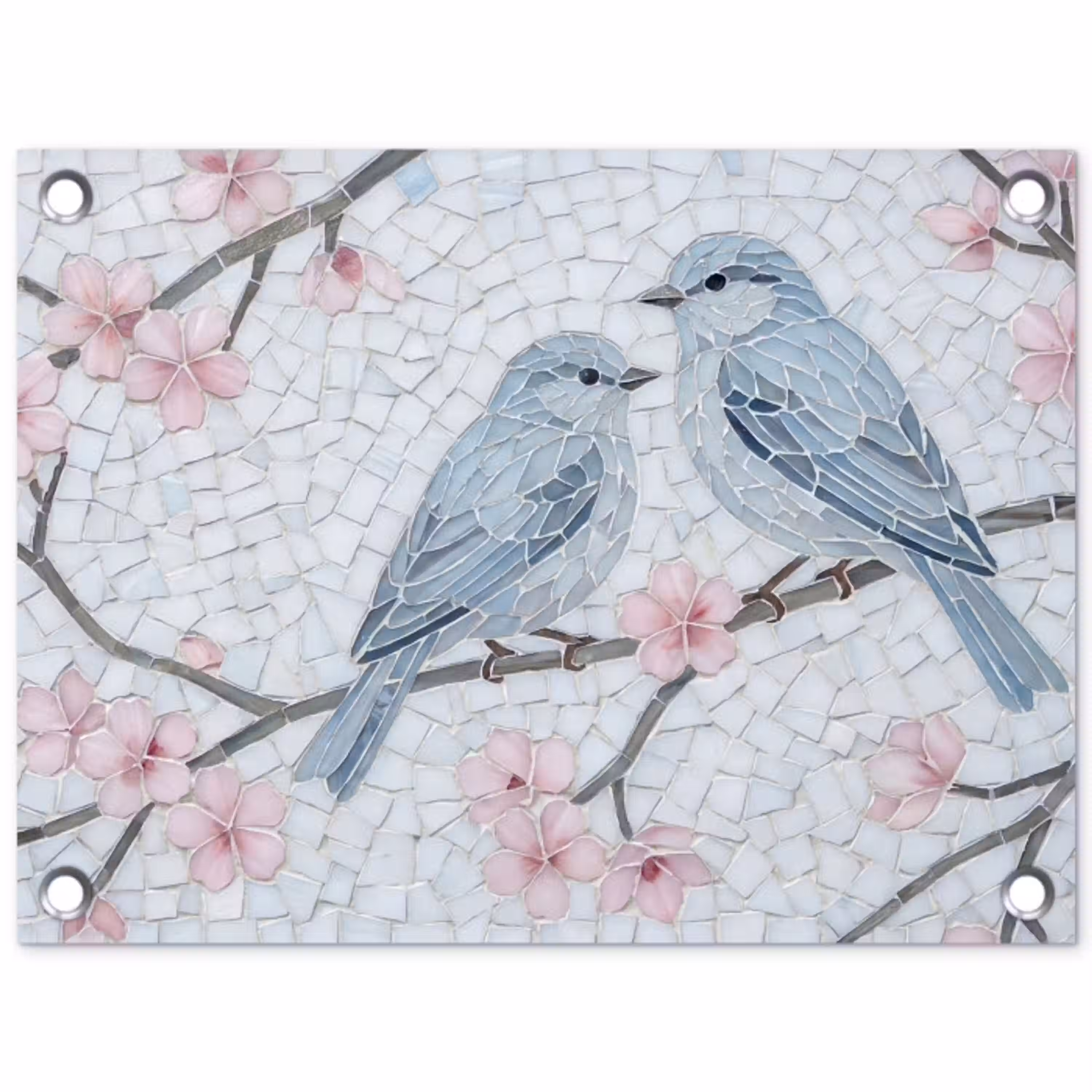 Vogel - Bloemen - Natuur - Mozaïek - Roze tuinposter los doek klein -3d