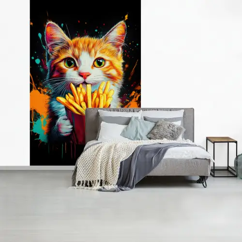 Kat - Eten - Patat - Graffiti - Abstract fotobehang vinyl groot -slaapkamer