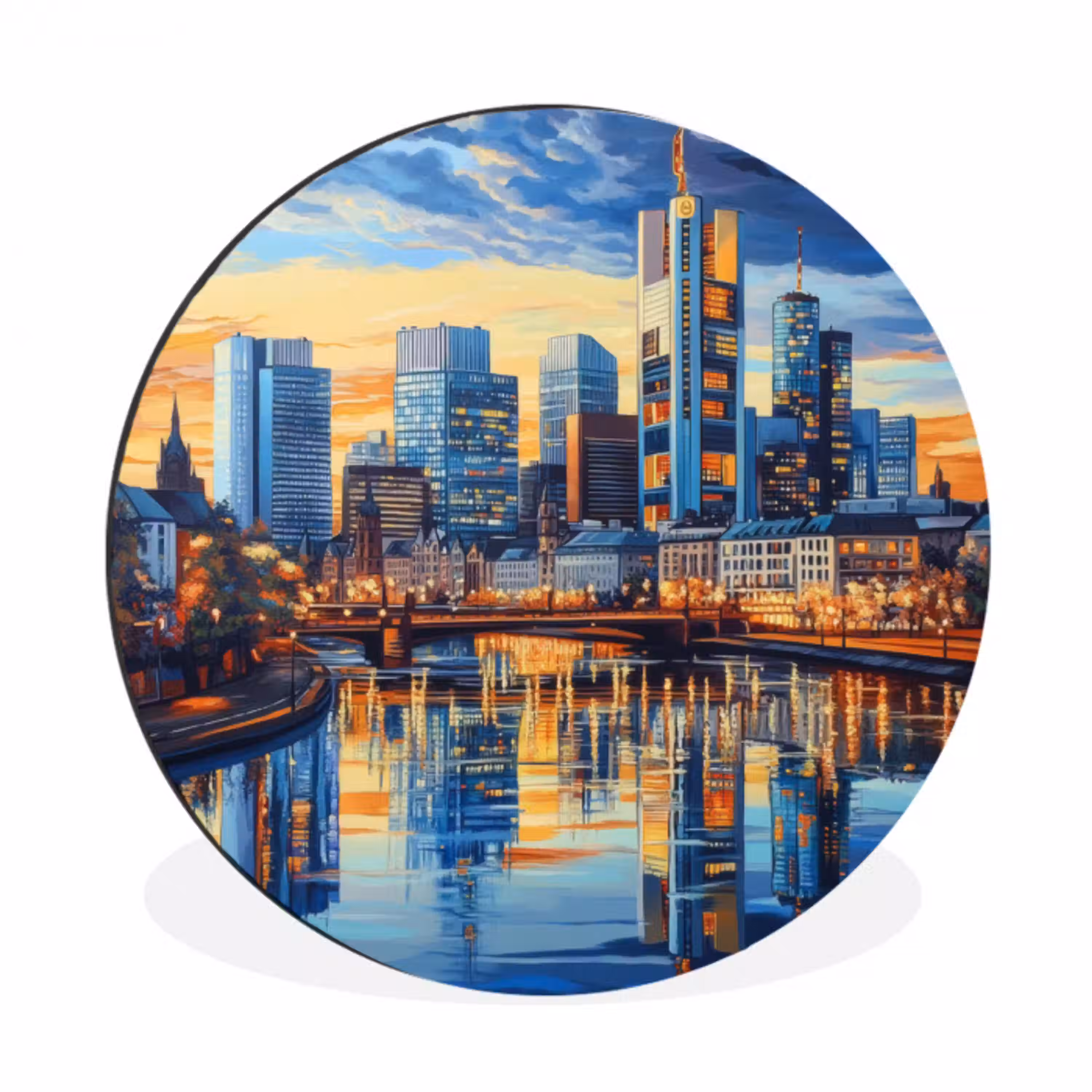 Zonsondergang Frankfurt - Stad - Skyline - Water Wandcirkel aluminium klein -3d