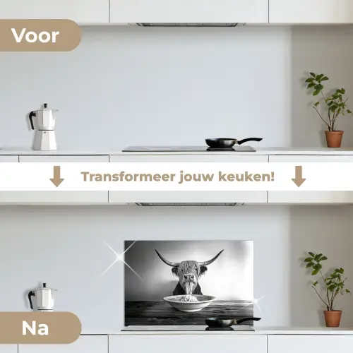 Schotse Hooglander - Spaghetti - Dieren - Zwart wit keuken achterwand spatscherm klein -voor_na_NL