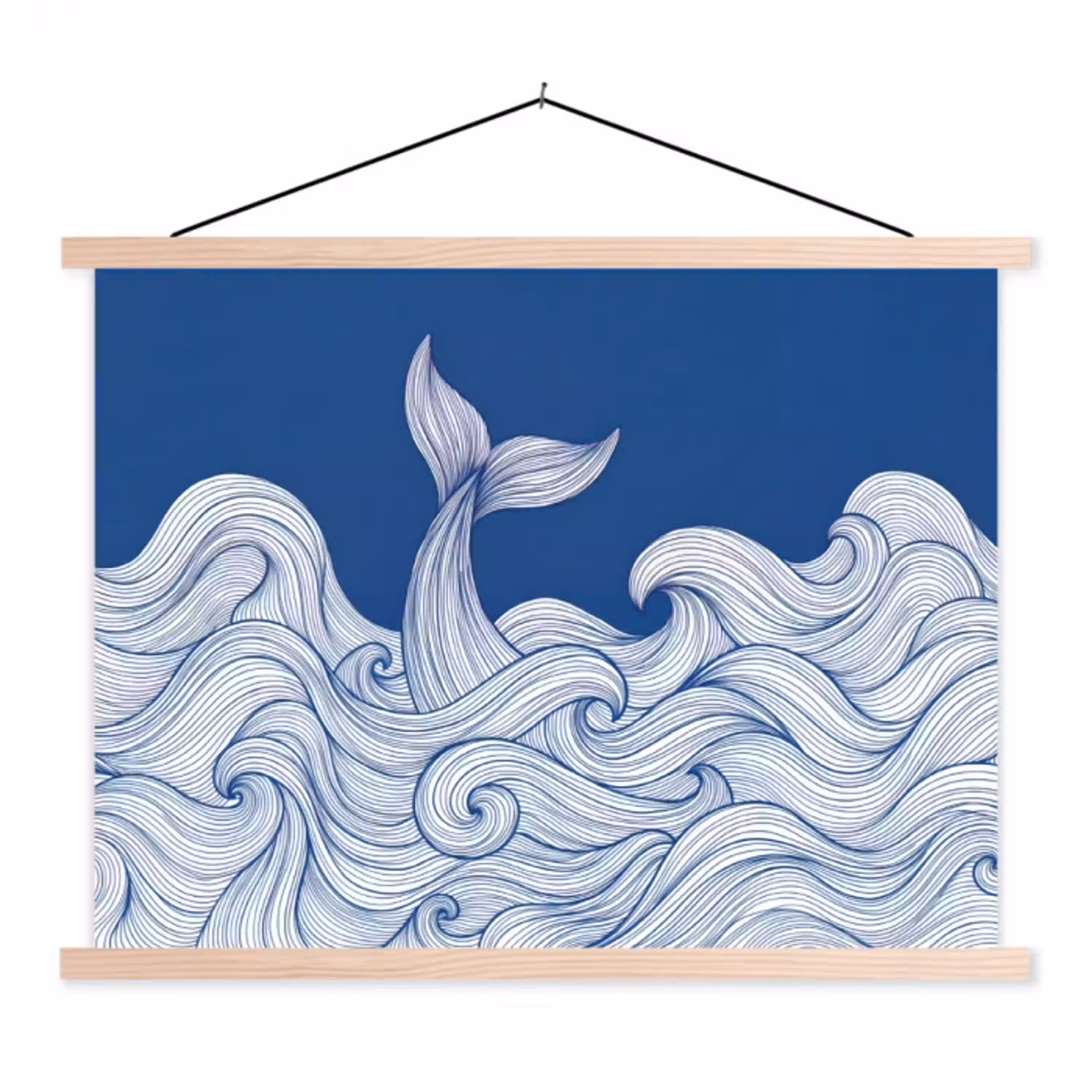 Walvis - Staart - Golven - Lijntekening - Blauw textielposter latten blank klein -3d