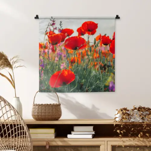 Klaproos - Bloemen - Rood - Paars - Weide Wandkleed katoen klein -sfeer5