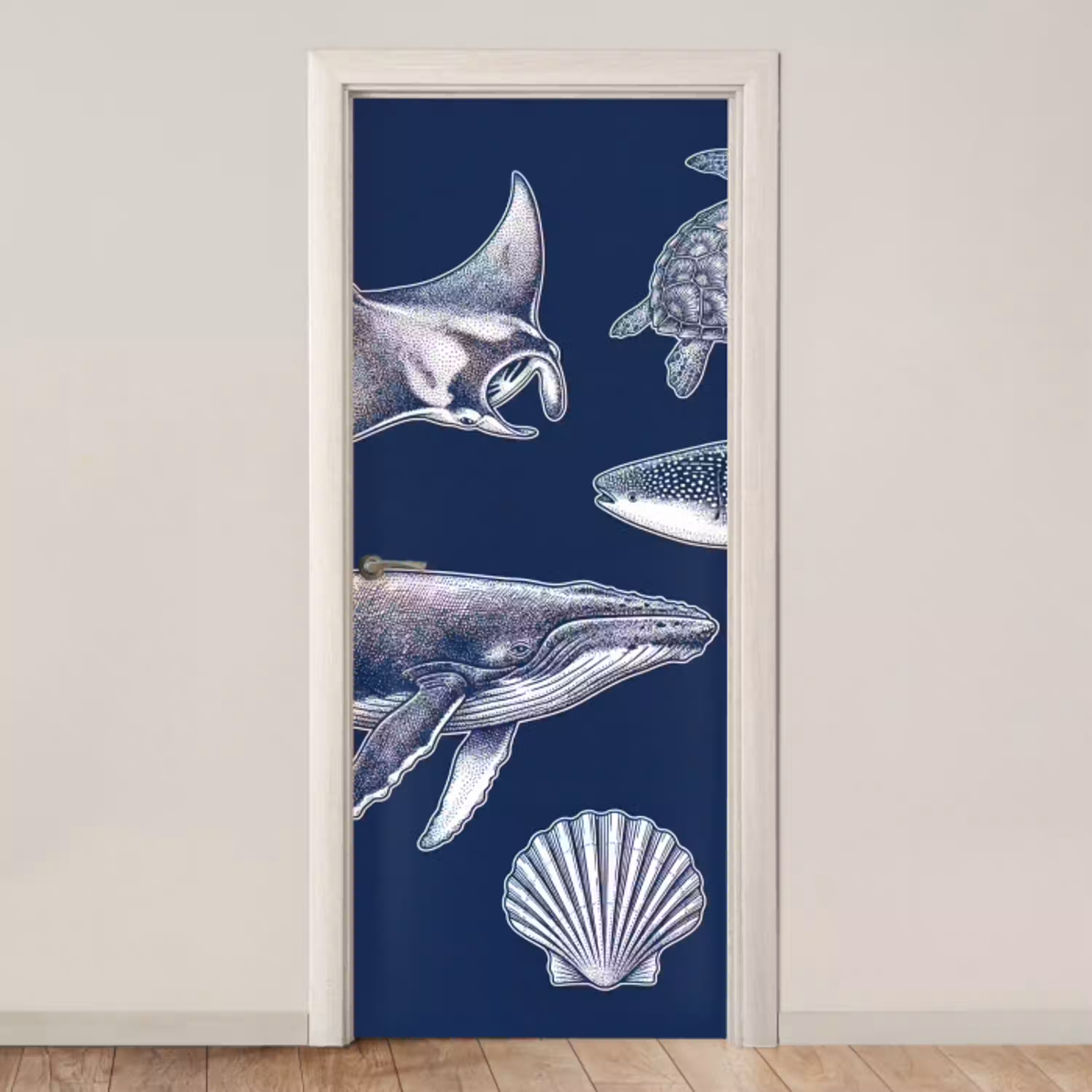 Dieren - Zeeleven - Oceaan - Graveren - Blauw deurposter klein -3d_beige