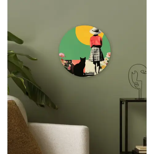 Retro - Meisje - Kat - Zon Wandcirkel kunststof plaat 5mm dik klein -sfeer3