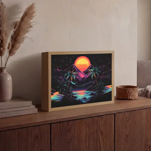 Palmbomen - Neonbergen - Sterrenhemel - Zon Light Box met batterij (Wandlamp) middel -sfeer2