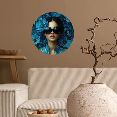 Vrouw - Bloemen - Blauw - Aesthetic - Luxe Wandcirkel behangsticker klein -sfeer1