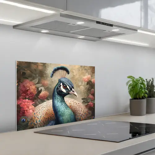 Pauw - Vogel - Bloemen - Planten - Pauwenveren keuken achterwand spatscherm klein -3d_schuin
