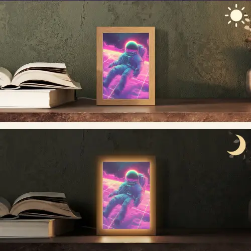 Astronaut - Neon - Roze - Wolken Light Box met kabel (Tafellamp) klein -sfeer3