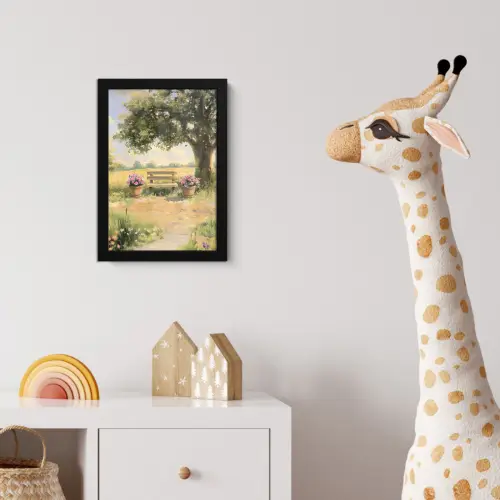 Houten bankje - Bloempotten - Landschap fotolijst zwart zonder passe partout klein -usfeer4_kinderkamer