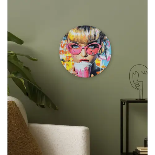 Expressief - Milkshake - Vrouw - Felle kleuren Wandcirkel kunststof plaat 5mm dik klein -sfeer3